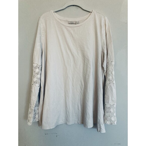 Logo Lori Goldstein Lace Sleeve Knit Tunic Top LARGE Ivory Cotton Modal - Picture 1 of 9